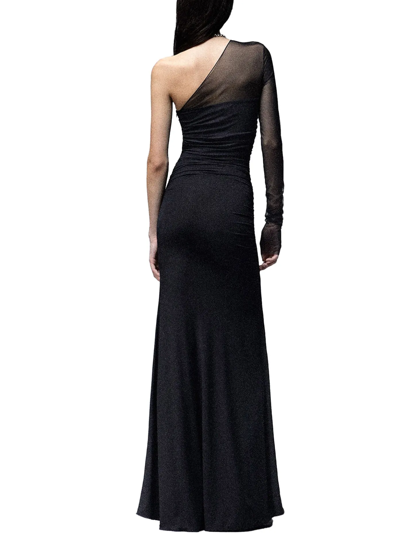 Abito lungo Asymmetric Jett con manica monospalla in tulle nero