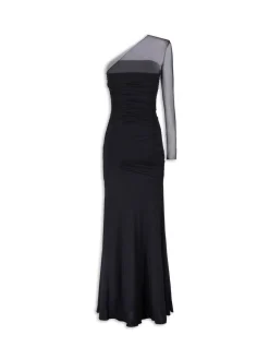 Abito lungo Asymmetric Jett con manica monospalla in tulle nero