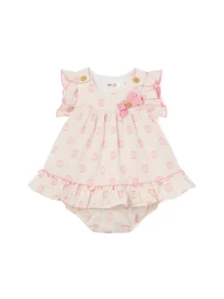 Abito maniche corte neonata a pois bianco e rosa