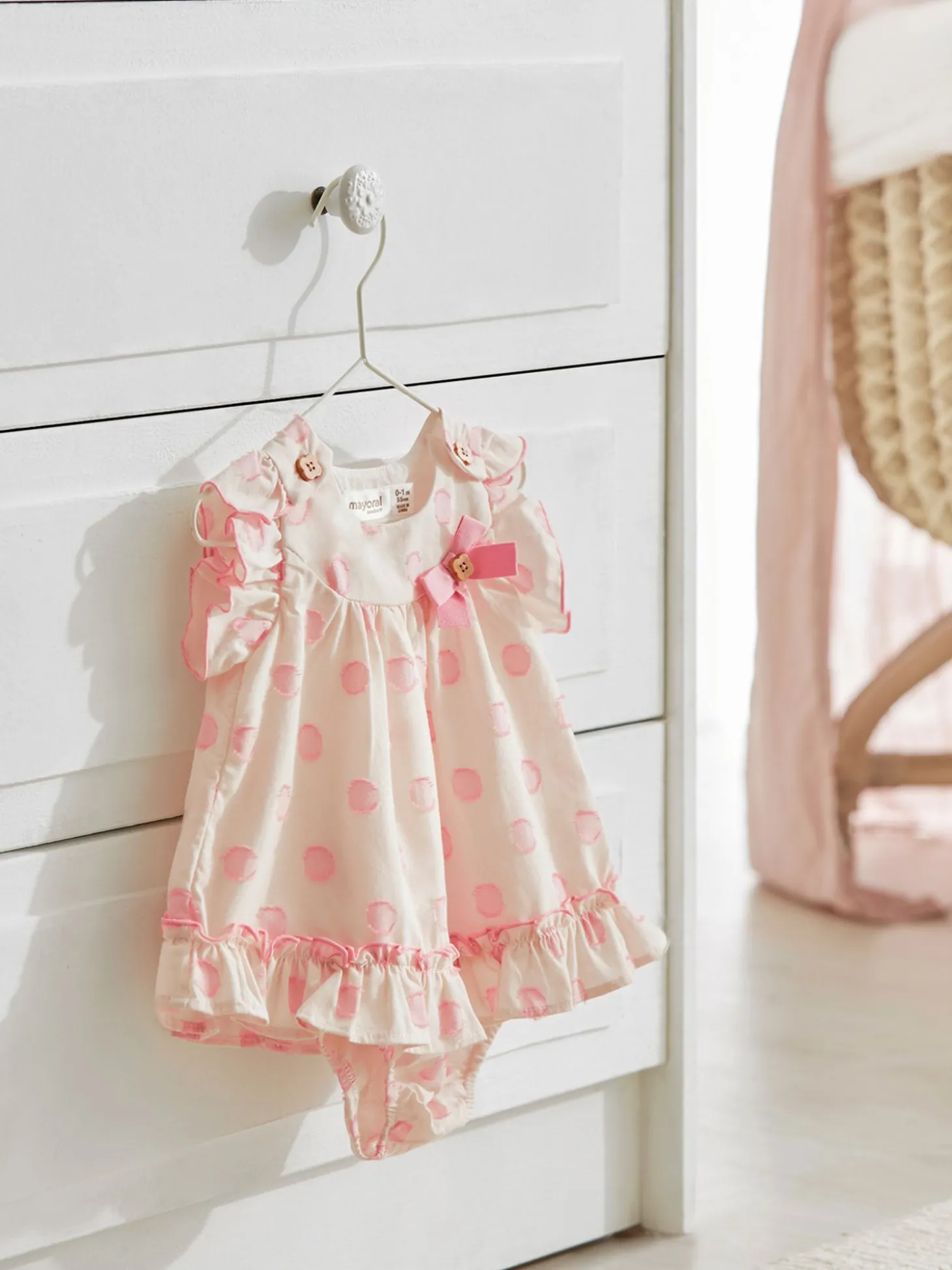 Abito maniche corte neonata a pois bianco e rosa