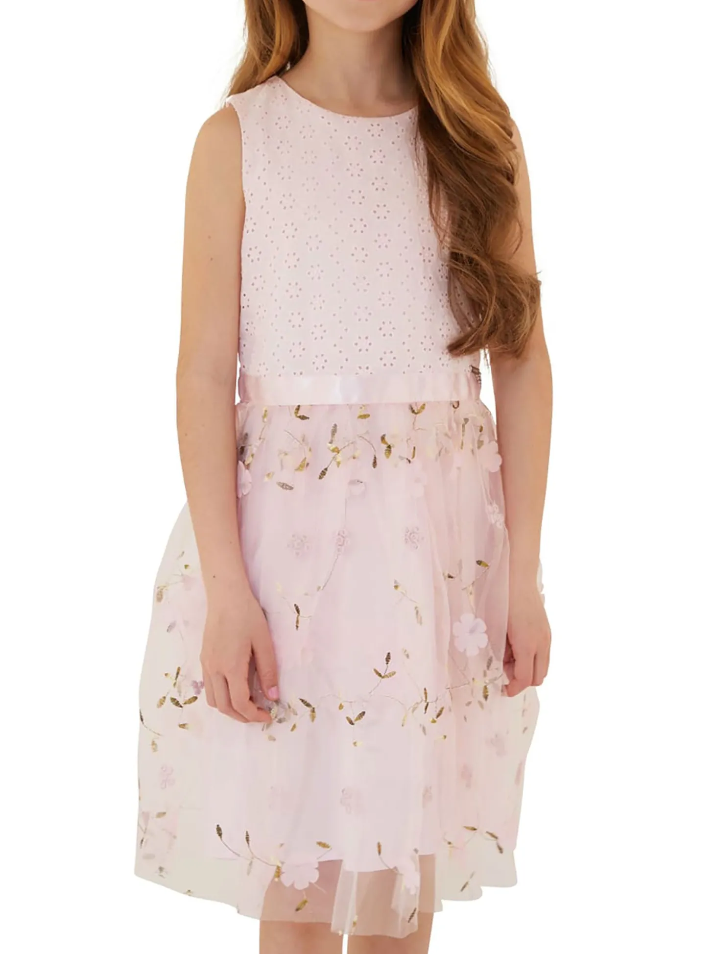 Abito tulle con ricamo sangallo e floreale cerimonia bambina rosa