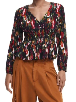 Blusa fiorata a maniche lunghe nero