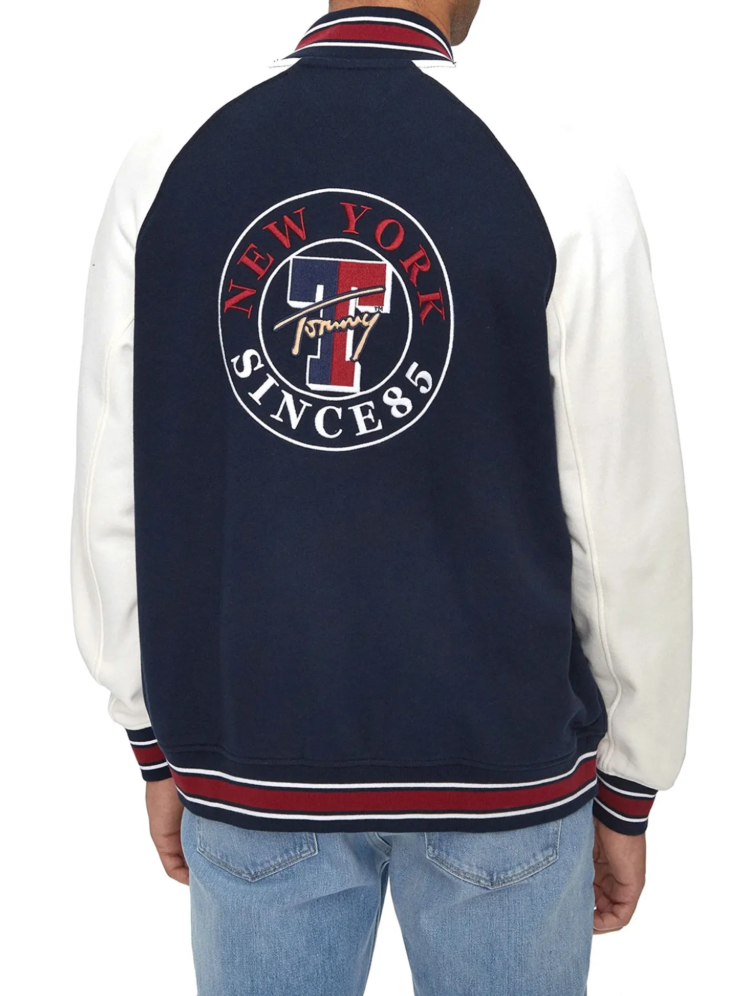 Bomber circle varsity con stampa sul retro blu