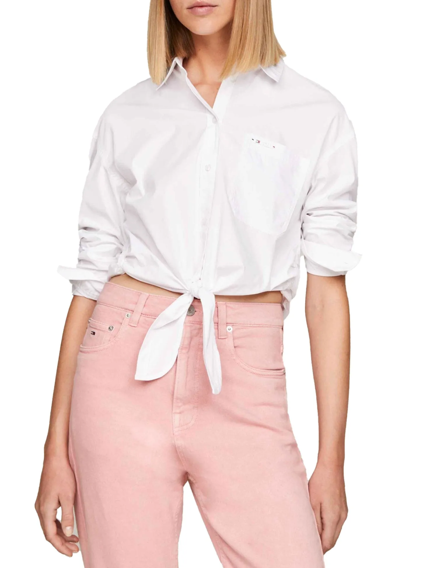 Camicia ampia cropped con fiocco bianca