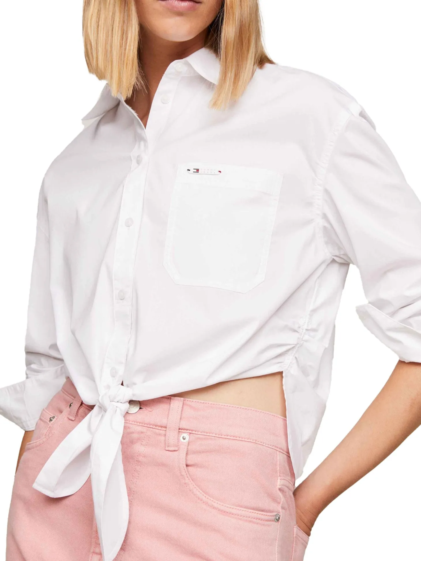 Camicia ampia cropped con fiocco bianca