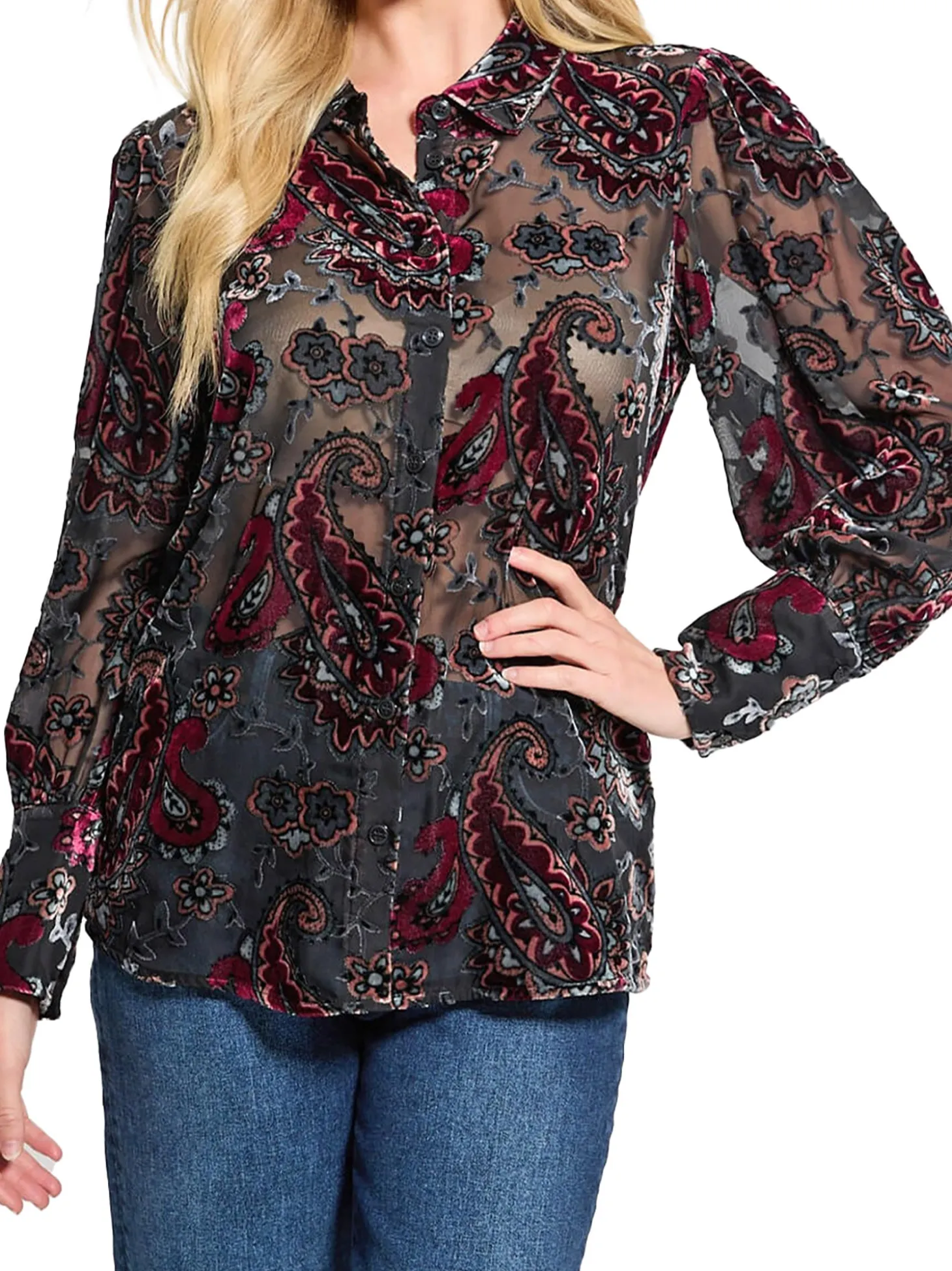 Camicia con ricamo pasley e trasparenze multicolore