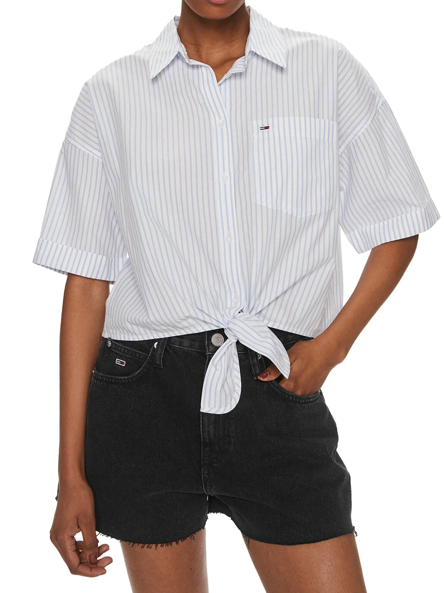 Camicia crop a righe con manica 3/4 e fiocco celeste
