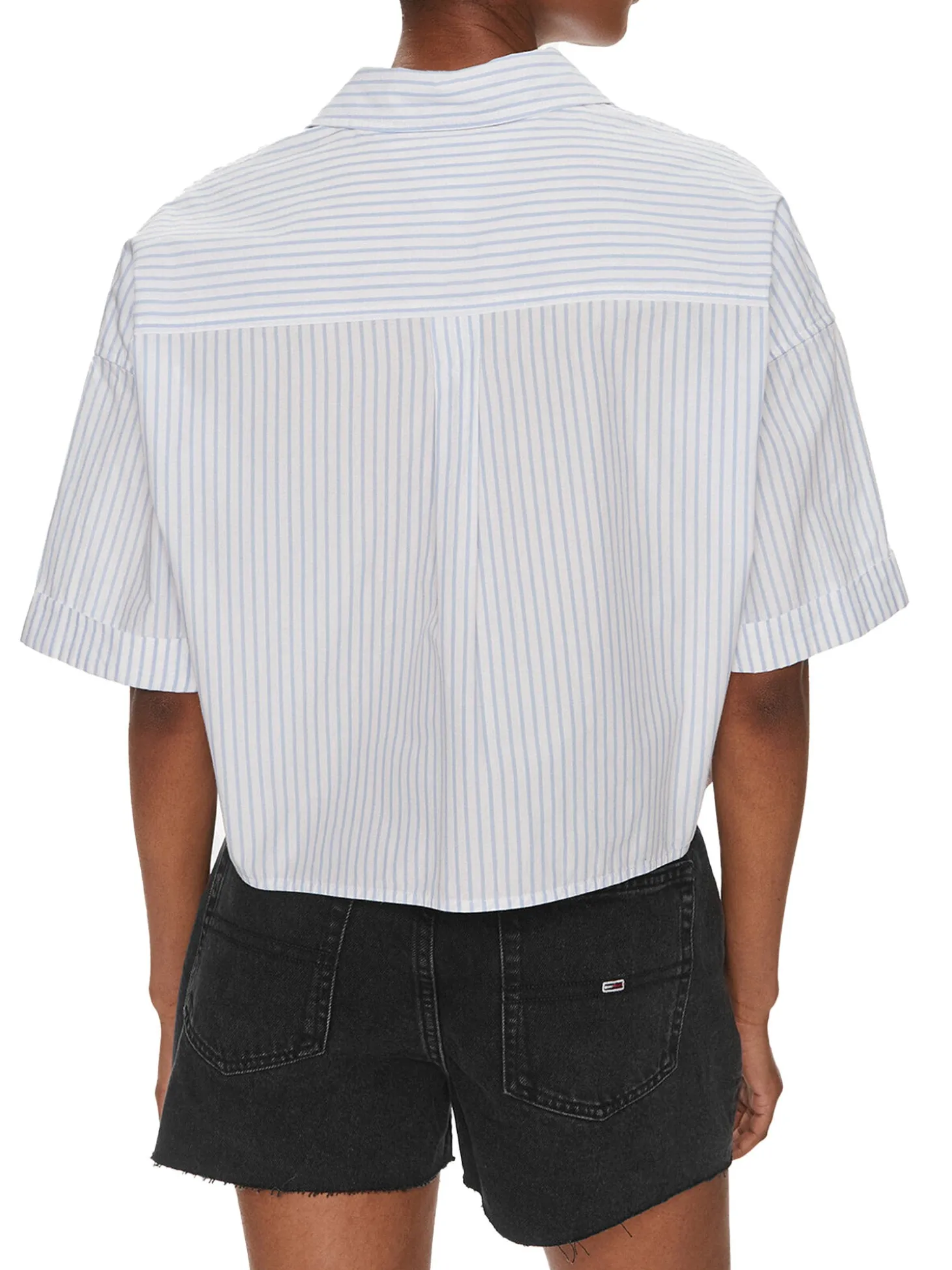 Camicia crop a righe con manica 3/4 e fiocco celeste