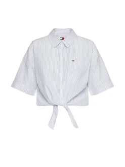 Camicia crop a righe con manica 3/4 e fiocco celeste