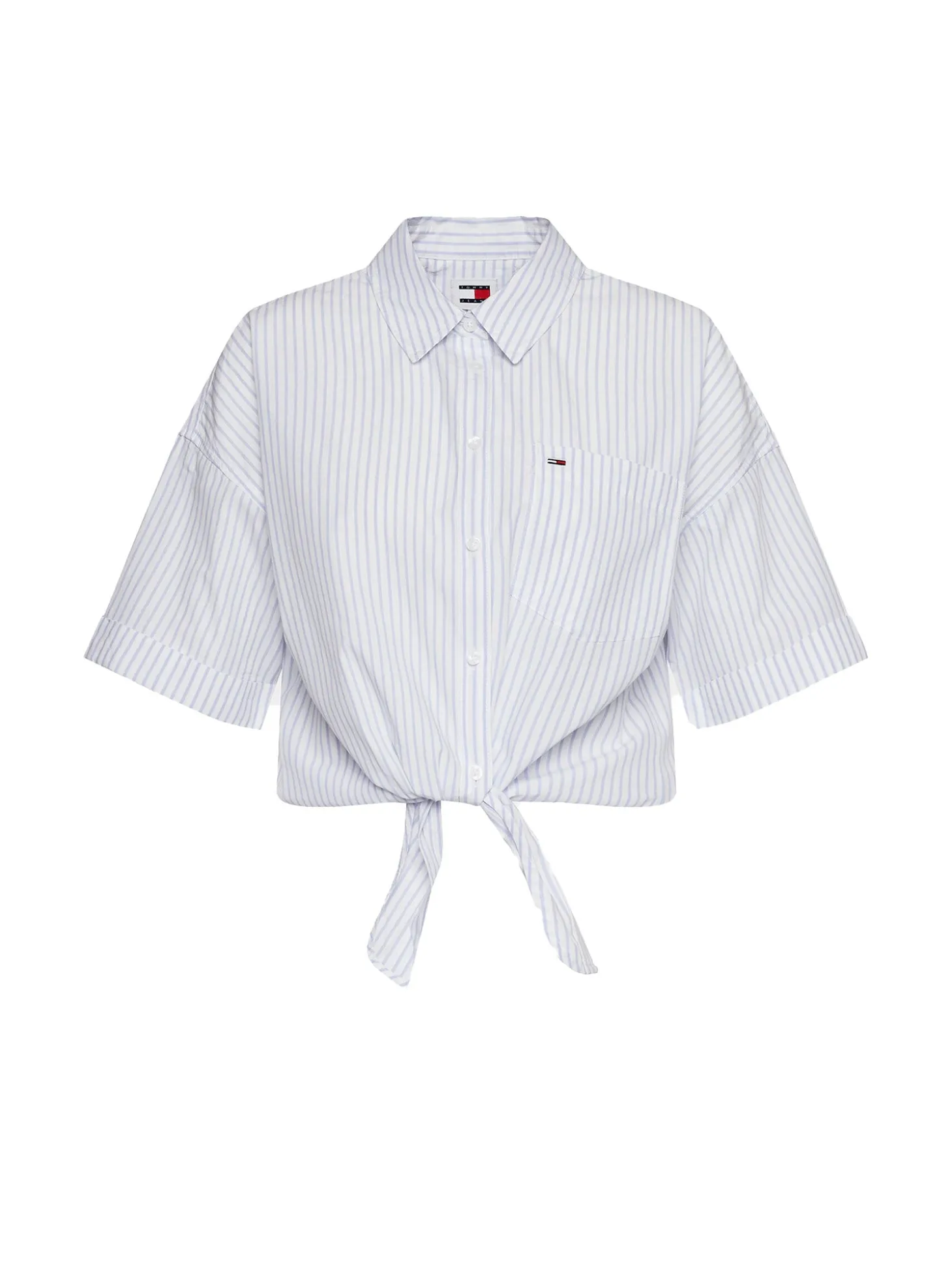 Camicia crop a righe con manica 3/4 e fiocco celeste
