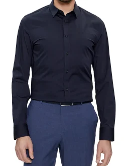 Camicia slim fit in popeline elasticizzato blu