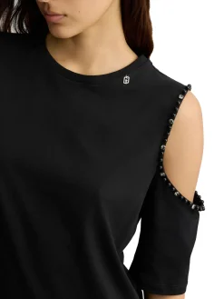 Canotta con perle e strass nero