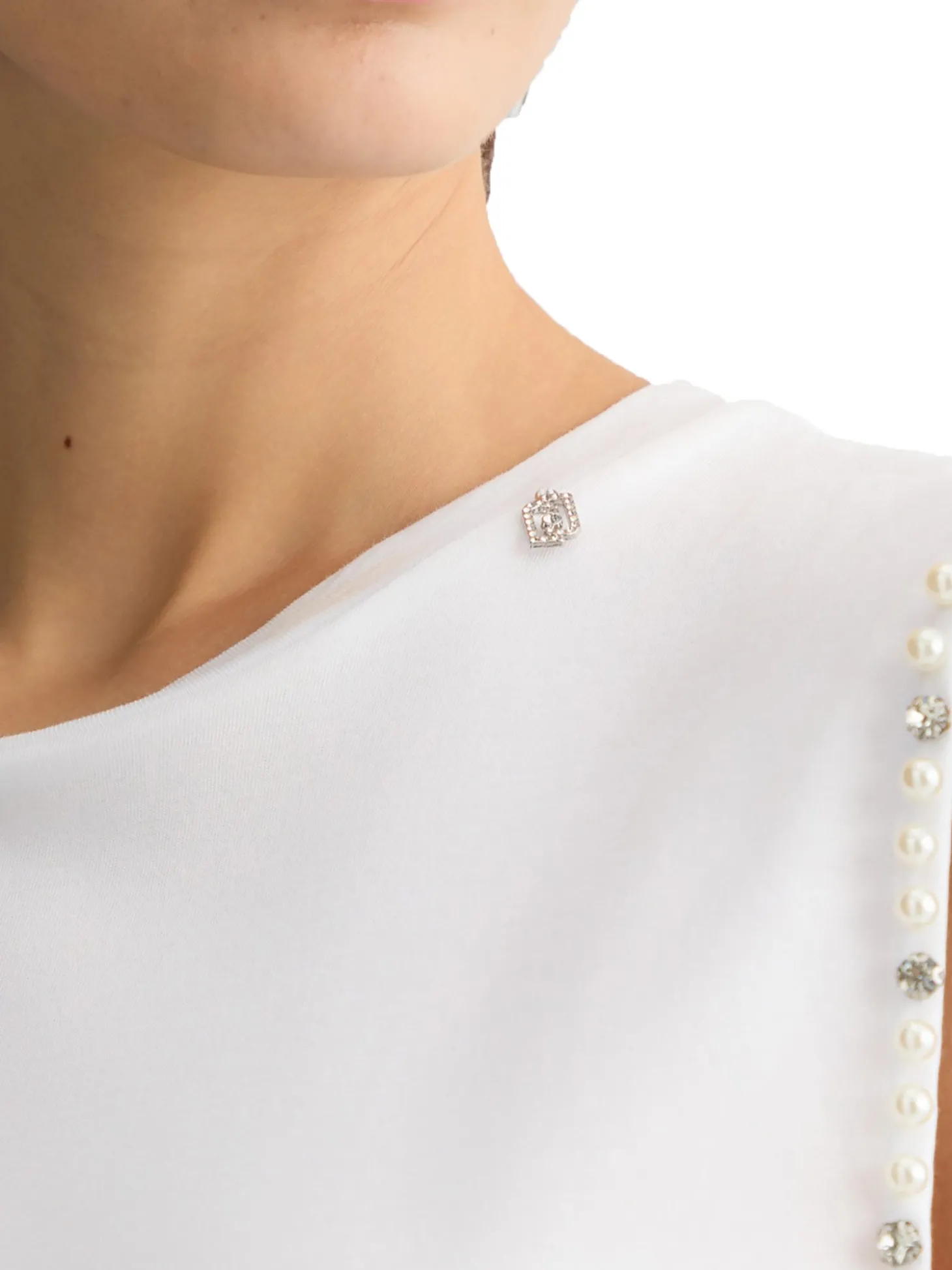 Canotta con perle e strass bianco