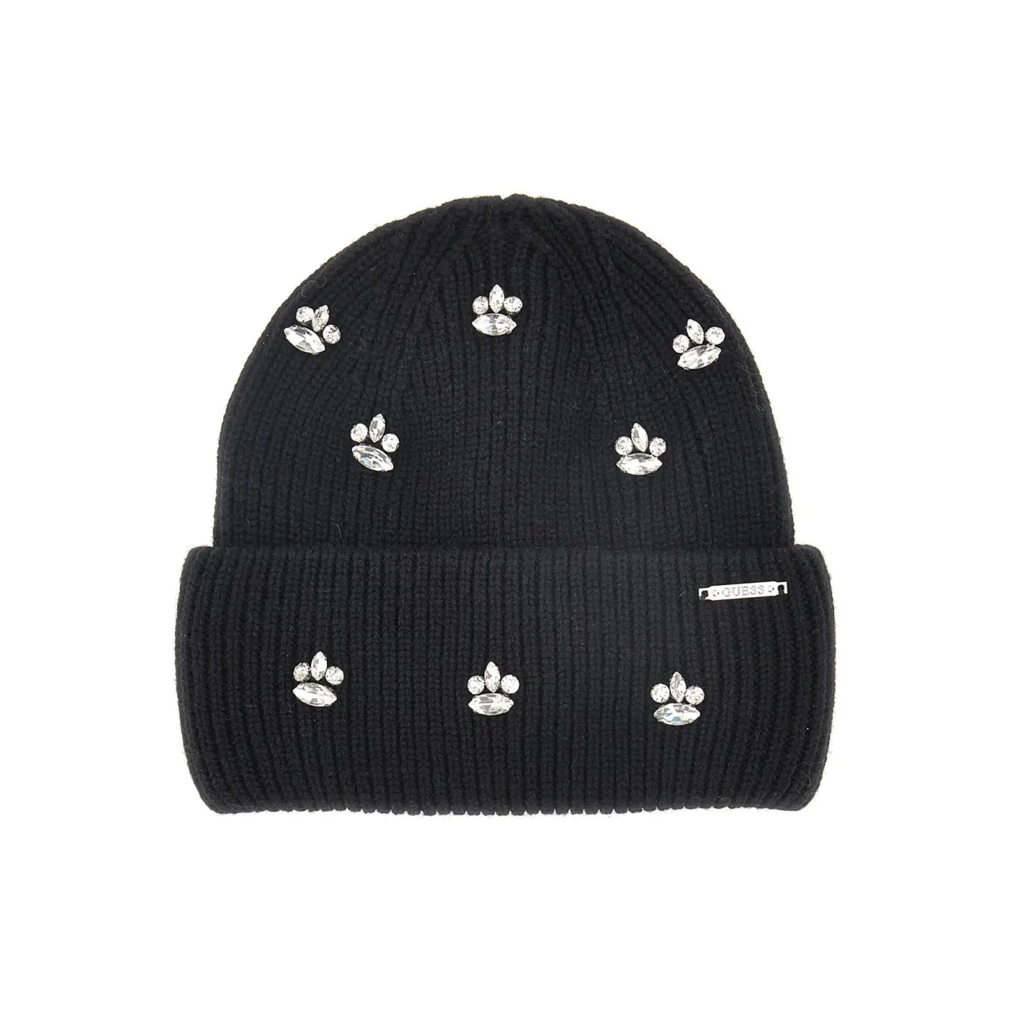 Cappello in maglia con applicazioni gioiello nero