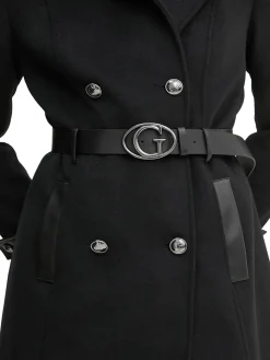 Cappotto doppiopetto con pelliccia e cintura logata nero