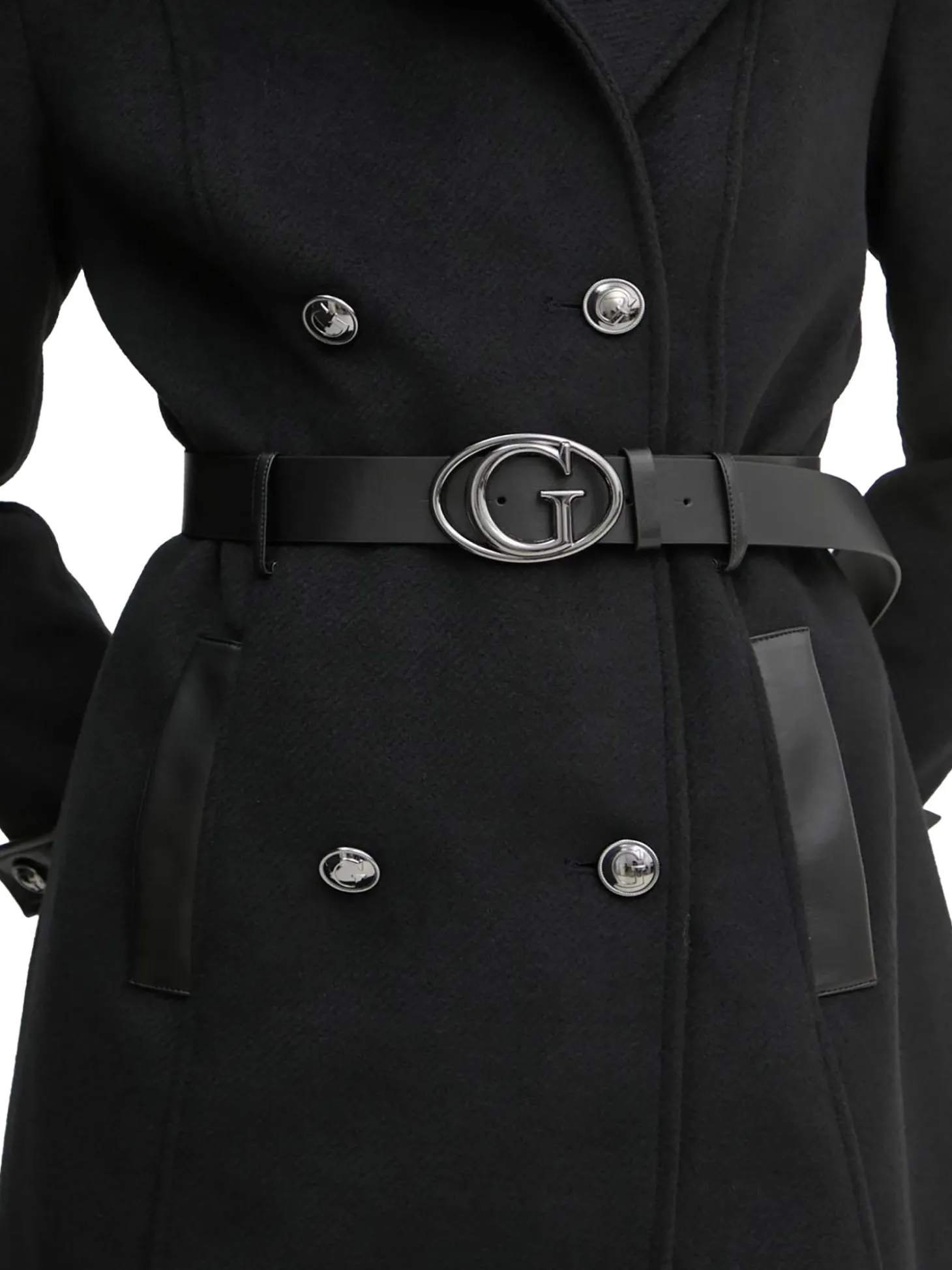 Cappotto doppiopetto con pelliccia e cintura logata nero