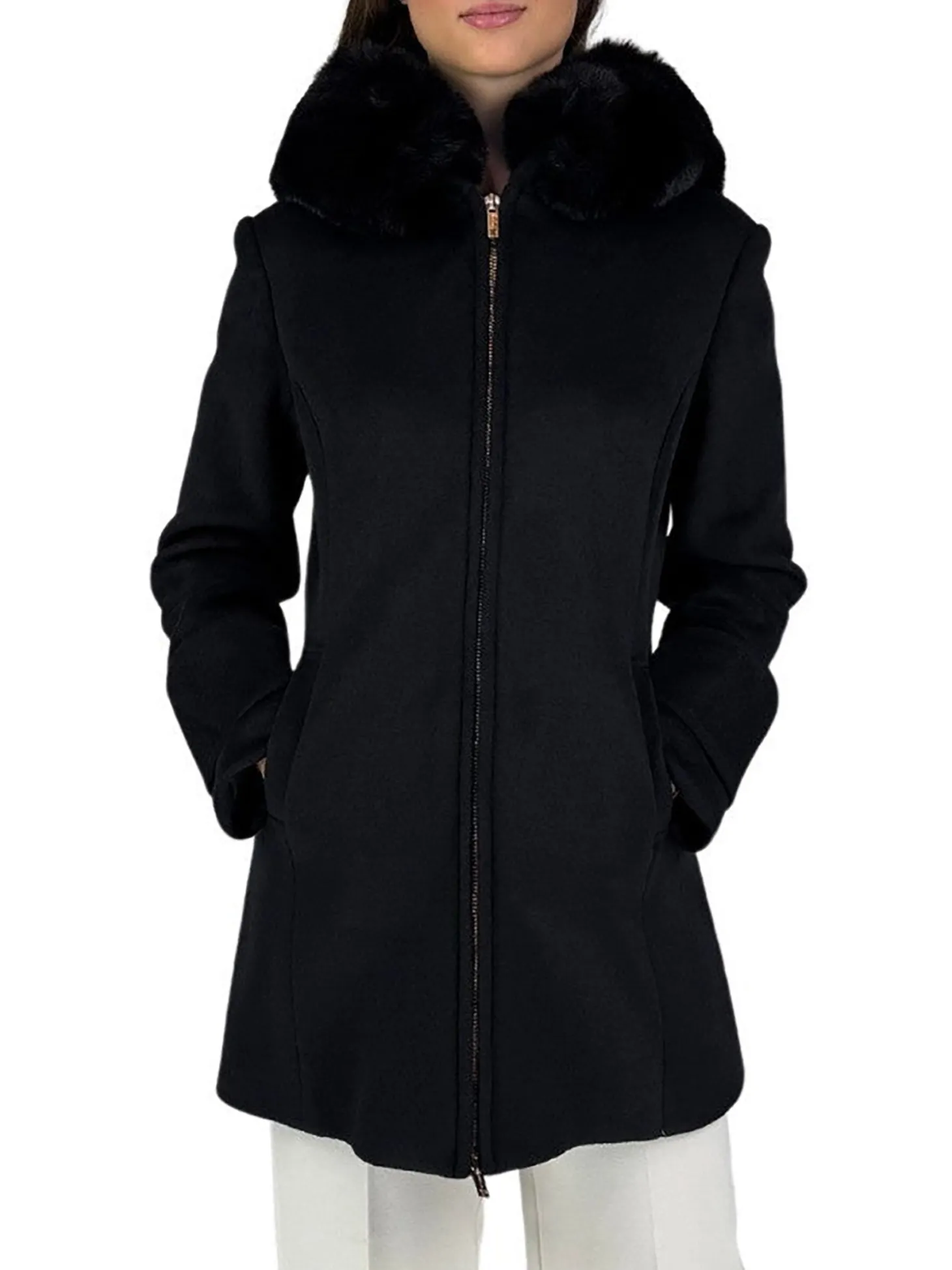 Cappotto in panno con ecopelliccia nero