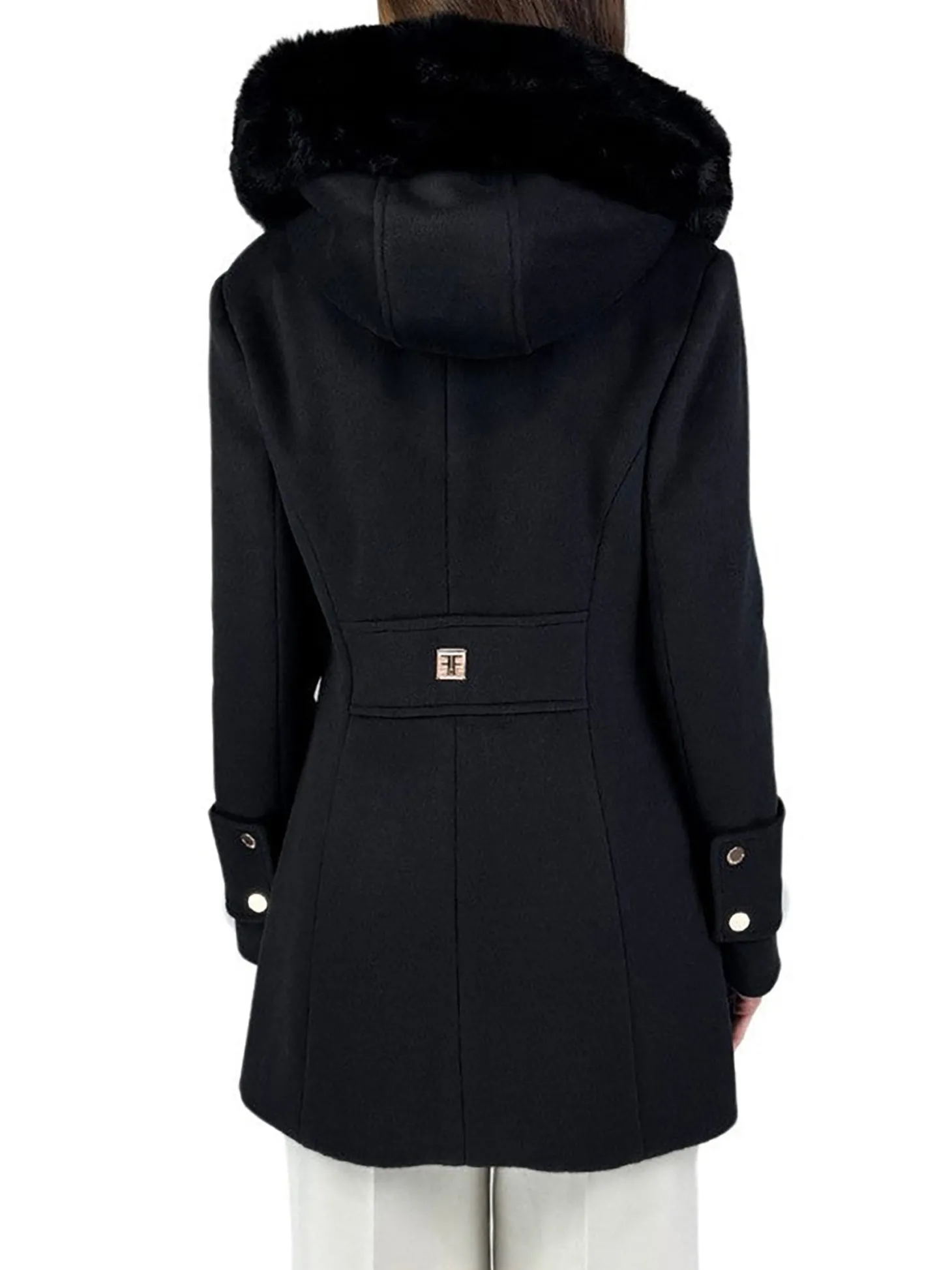 Cappotto in panno con ecopelliccia nero