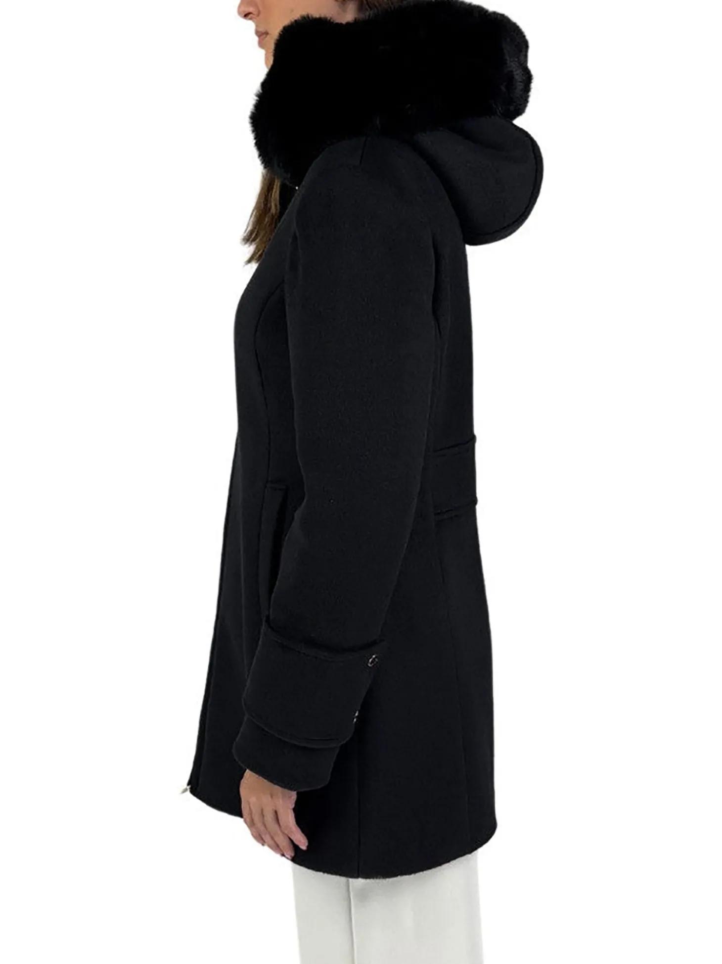 Cappotto in panno con ecopelliccia nero