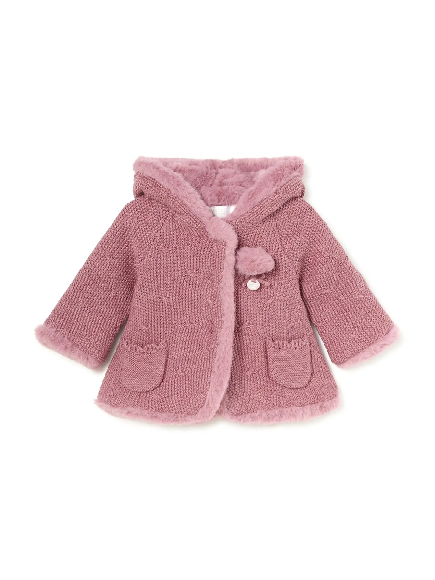 Cardigan cappuccio e pompon rosa