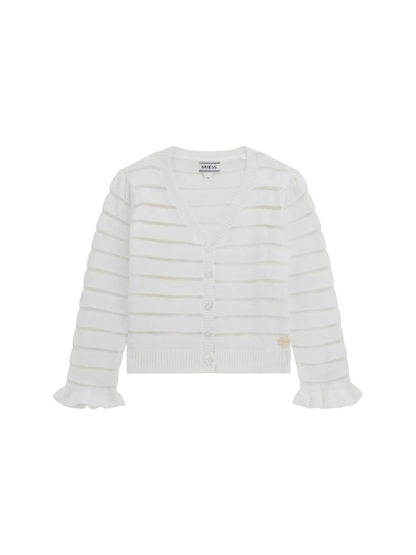 Cardigan con righe in rilievo e volant bianco