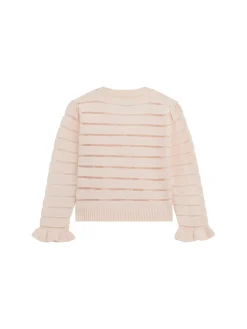 Cardigan con righe in rilievo e volant rosa