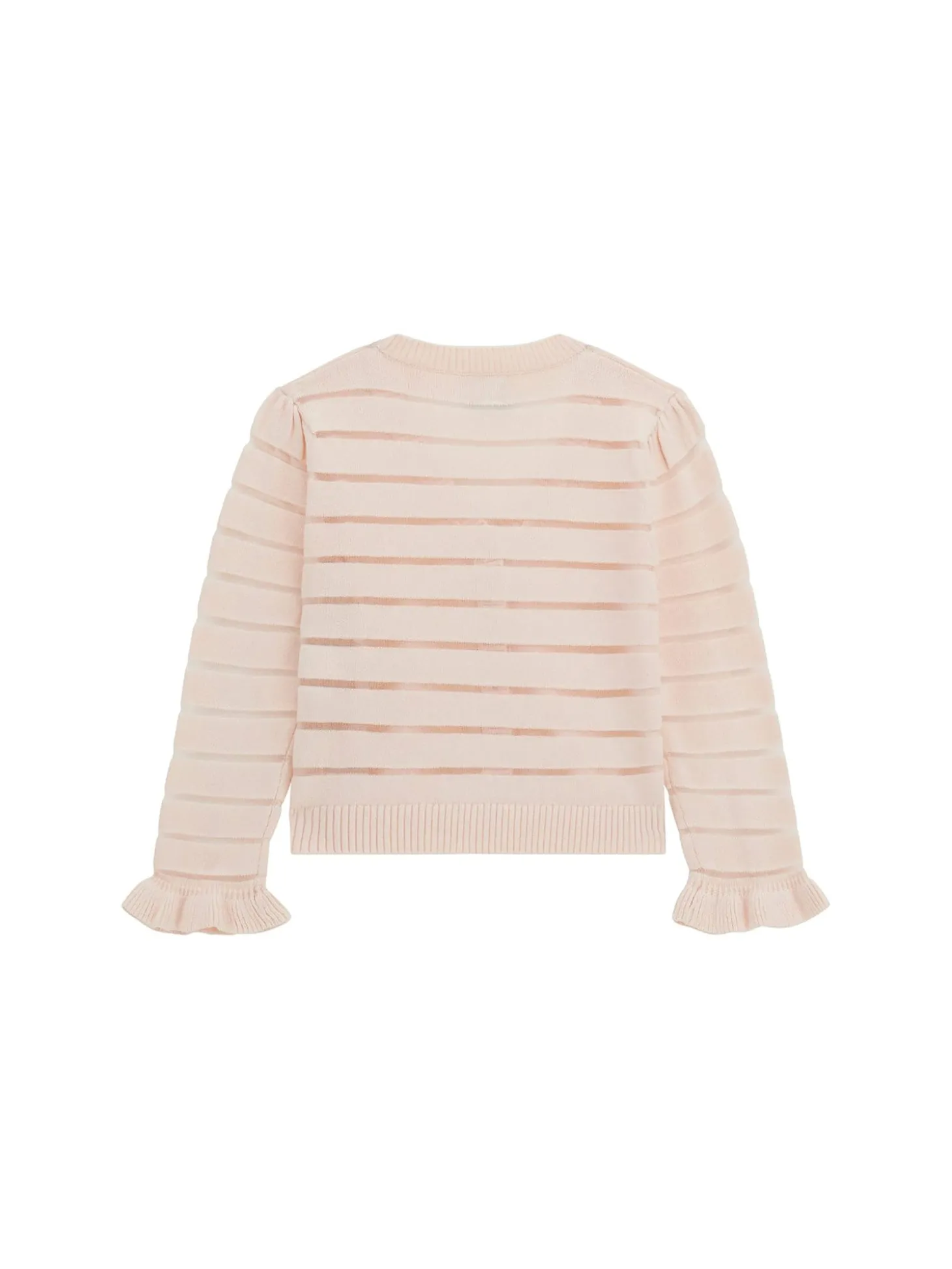 Cardigan con righe in rilievo e volant rosa