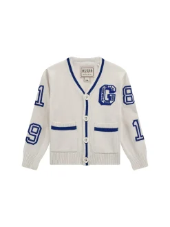 Cardigan neonato con patch e numeri varsity bianco