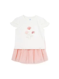 Completo 2 pezzi neonata gonna e t-shirt bianco/rosa