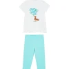 Completo 2 pezzi t-shirt e leggins bianco/celeste