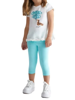 Completo 2 pezzi t-shirt e leggins bianco/celeste
