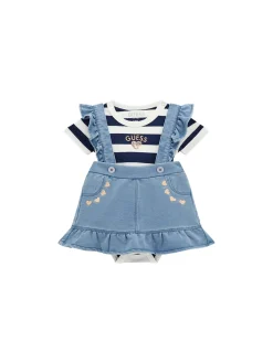 Completo 2 pz neonata body righe e gonna salopette in denim bianco/blu