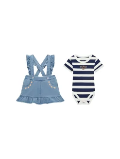 Completo 2 pz neonata body righe e gonna salopette in denim bianco/blu
