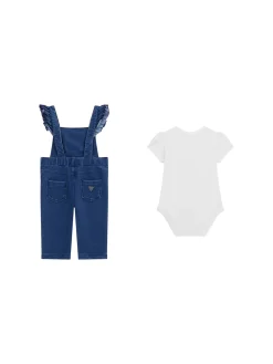 Completo 2 pz neonata body e salopette denim ricamo bianco