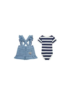 Completo 2 pz neonata body righe e gonna salopette in denim bianco/blu