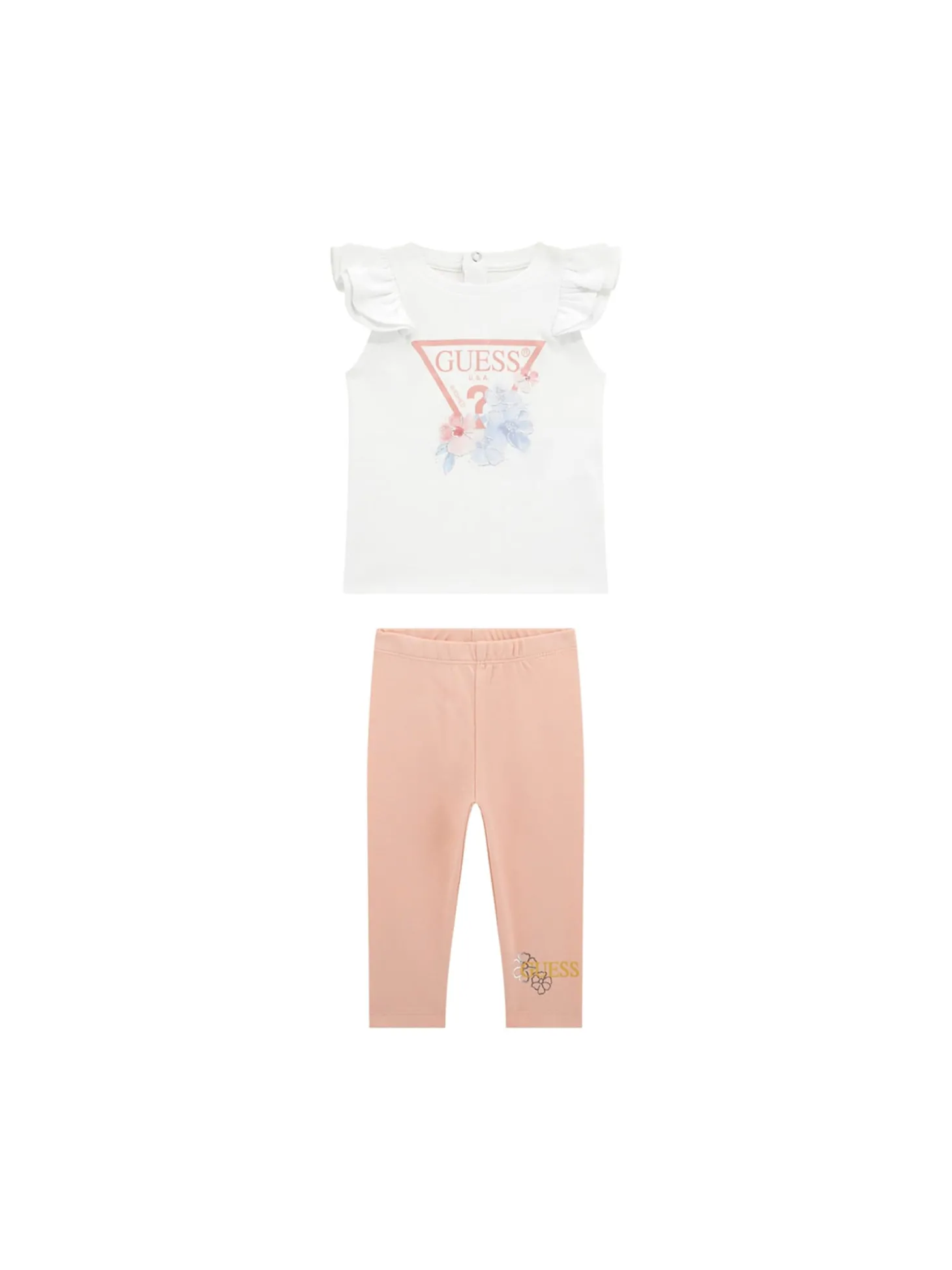 Completo 2 pz neonata t-shirt con volant e logo fiori e leggings bianc