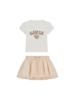Completo 2 pz neonata t-shirt paillettes e gonna a rete bianco/rosa