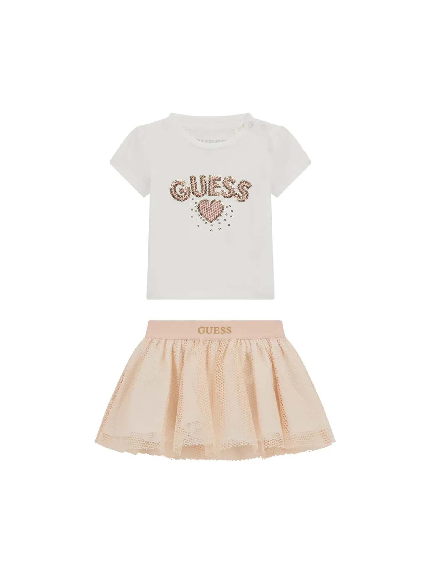 Completo 2 pz neonata t-shirt paillettes e gonna a rete bianco/rosa
