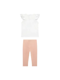 Completo 2 pz neonata t-shirt con volant e logo fiori e leggings bianc