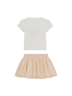 Completo 2 pz neonata t-shirt paillettes e gonna a rete bianco/rosa