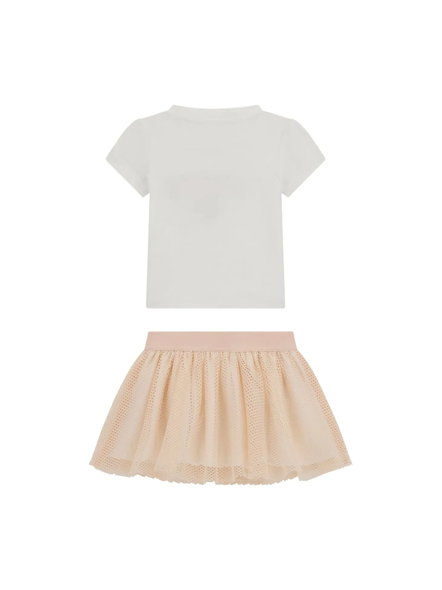 Completo 2 pz neonata t-shirt paillettes e gonna a rete bianco/rosa