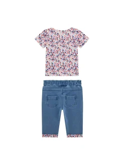 Completo 2 pz neonata t-shirt fantasia fiori allover e leggings denim