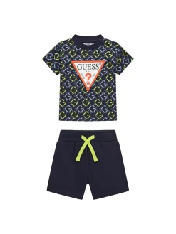 Completo 2 pz neonato t-shirt stampa geometrica allover e shorts lime/