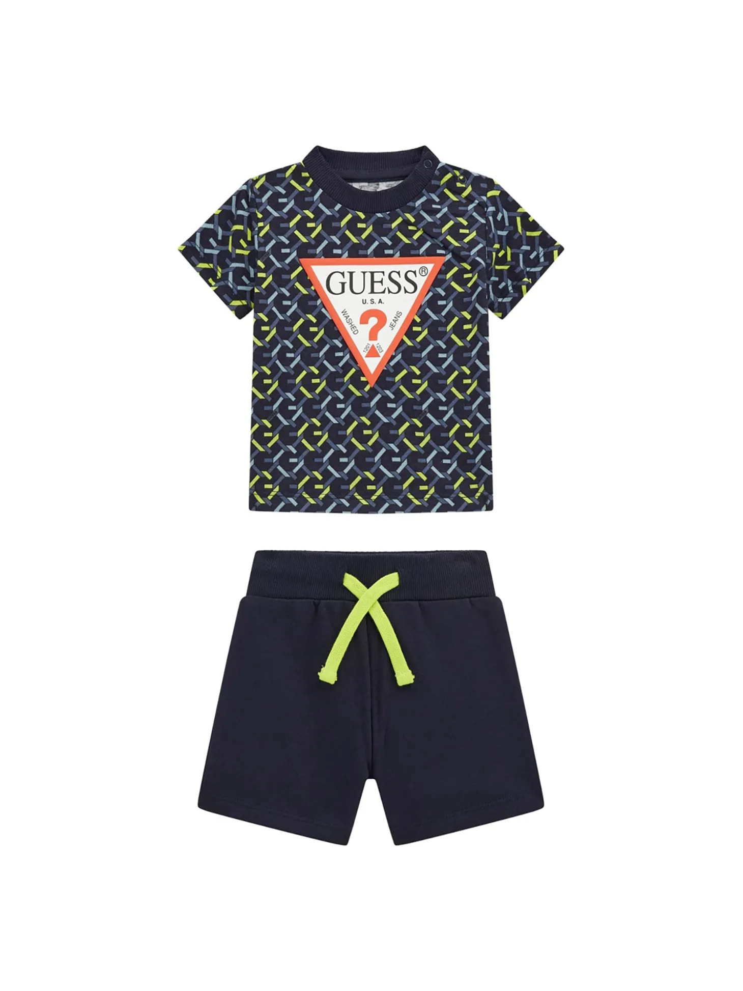Completo 2 pz neonato t-shirt stampa geometrica allover e shorts lime/