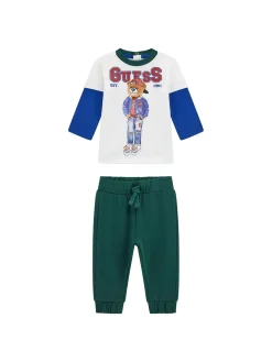 Completo 2 pz neonato t-shirt colorblock stampa teddy e pantalone bian