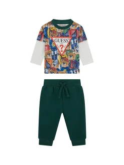 Completo 2 pz neonato t-shirt stampa allover teddy e pantalone verde