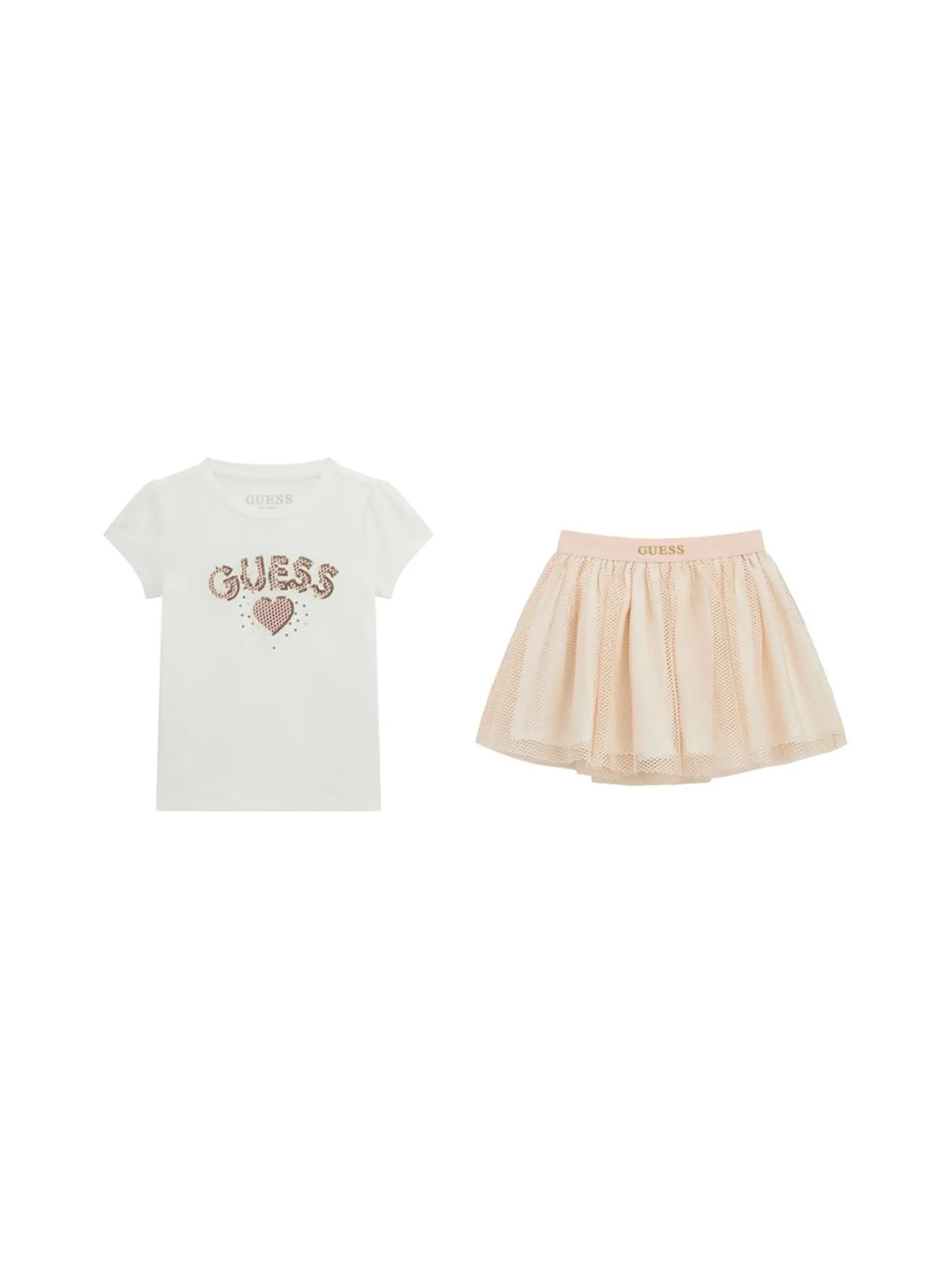 Completo 2 pz t-shirt paillttes e gonna a rete bianco/rosa