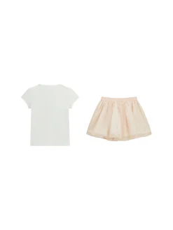 Completo 2 pz t-shirt paillttes e gonna a rete bianco/rosa