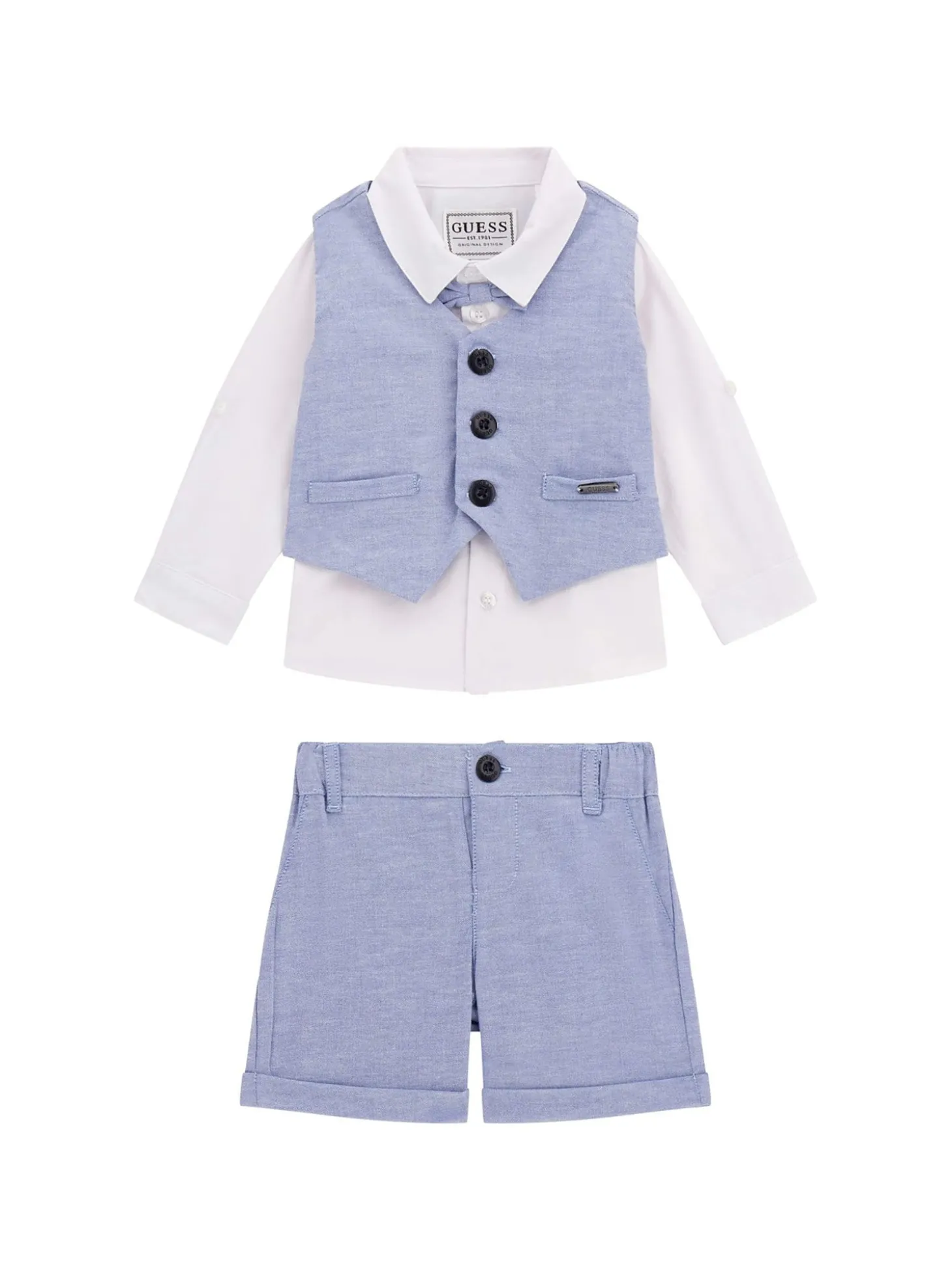 Completo cerimonia neonato camicia, gilet e shorts celeste/bianco