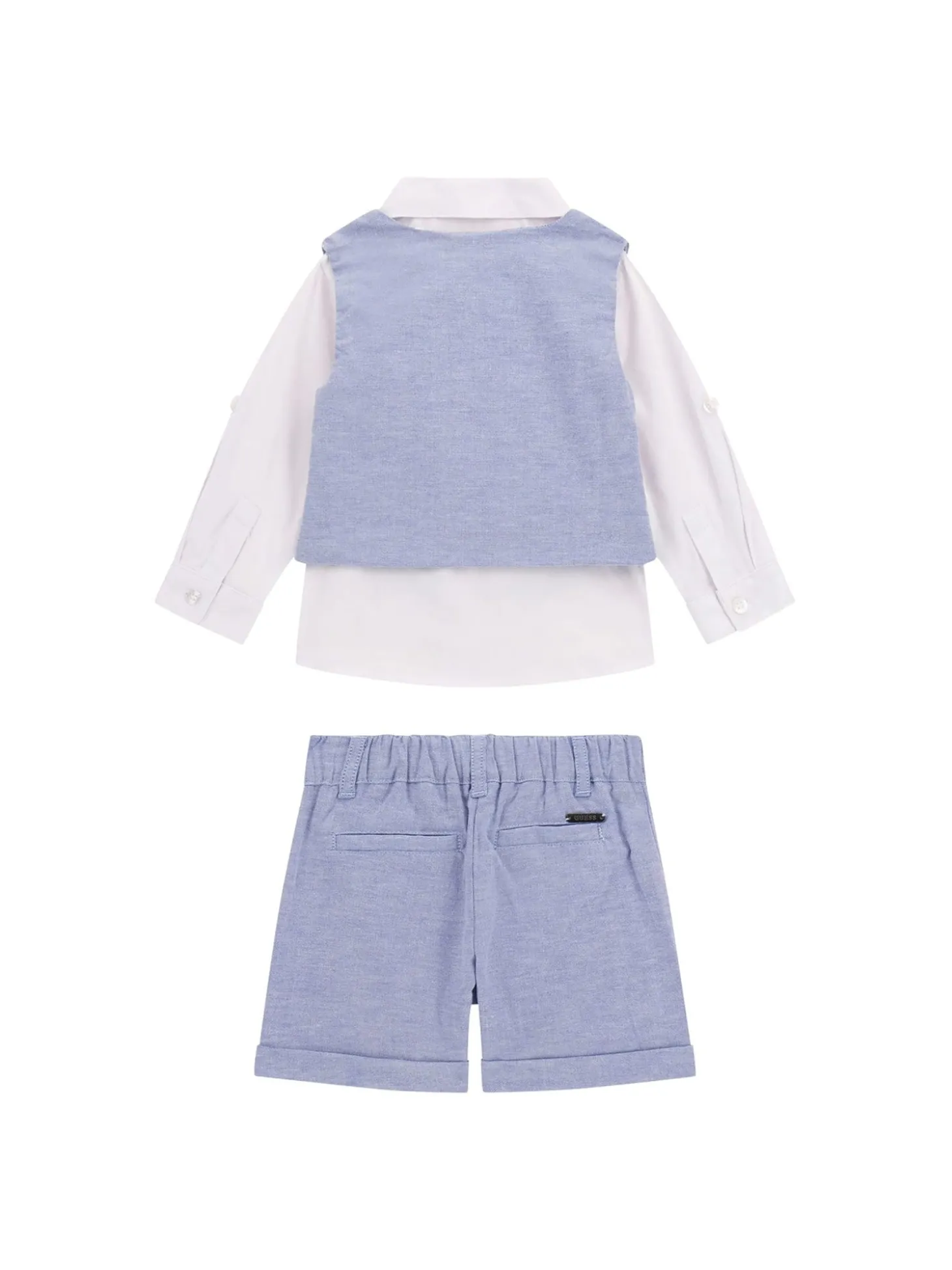 Completo cerimonia neonato camicia, gilet e shorts celeste/bianco